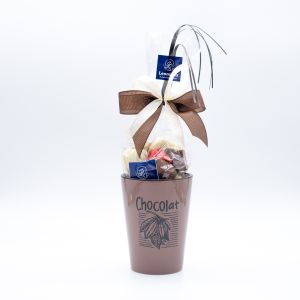 Präsent Becher Chocolat Modell 4 braun gefüllt mit ca. 250 Gramm Leonidas Pralinen (ohne Alkohol)